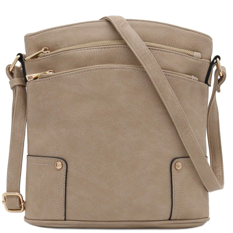 ALYSSA Triple Zip Pocket Large Crossbody Bag (Sand) - Image 1